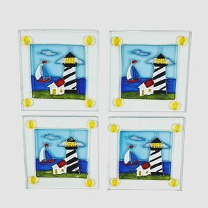 Set Of 4 Nautical Lighthouse Stained Glass Coasters Barware 3.5in Square